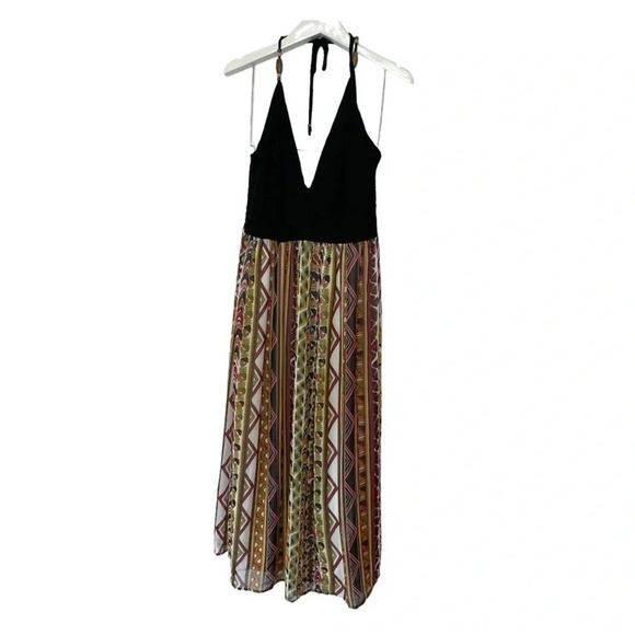 Mlle Gabrielle 1X black halter upper maxi sundress dress with boho print bottom - Picture 4 of 7